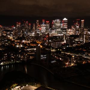 View over London's Canary Wharf and Docklands at night